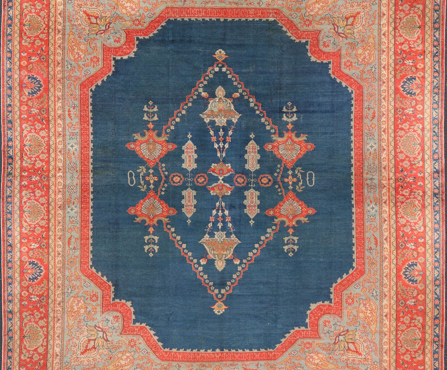 Large Antique Turkish Oushak Rug in Vibrant Blue and Red with Medallion Design Squared Shape Antique Turkish Oushak rug in vibrant blue, red, medallion geometric design, kwarugs Keivan Woven Arts / R20 - 0834. Colorful Oushak in vibrant colors. ... - Keivan Woven ArtsR20 - 0834 - 13374Rug