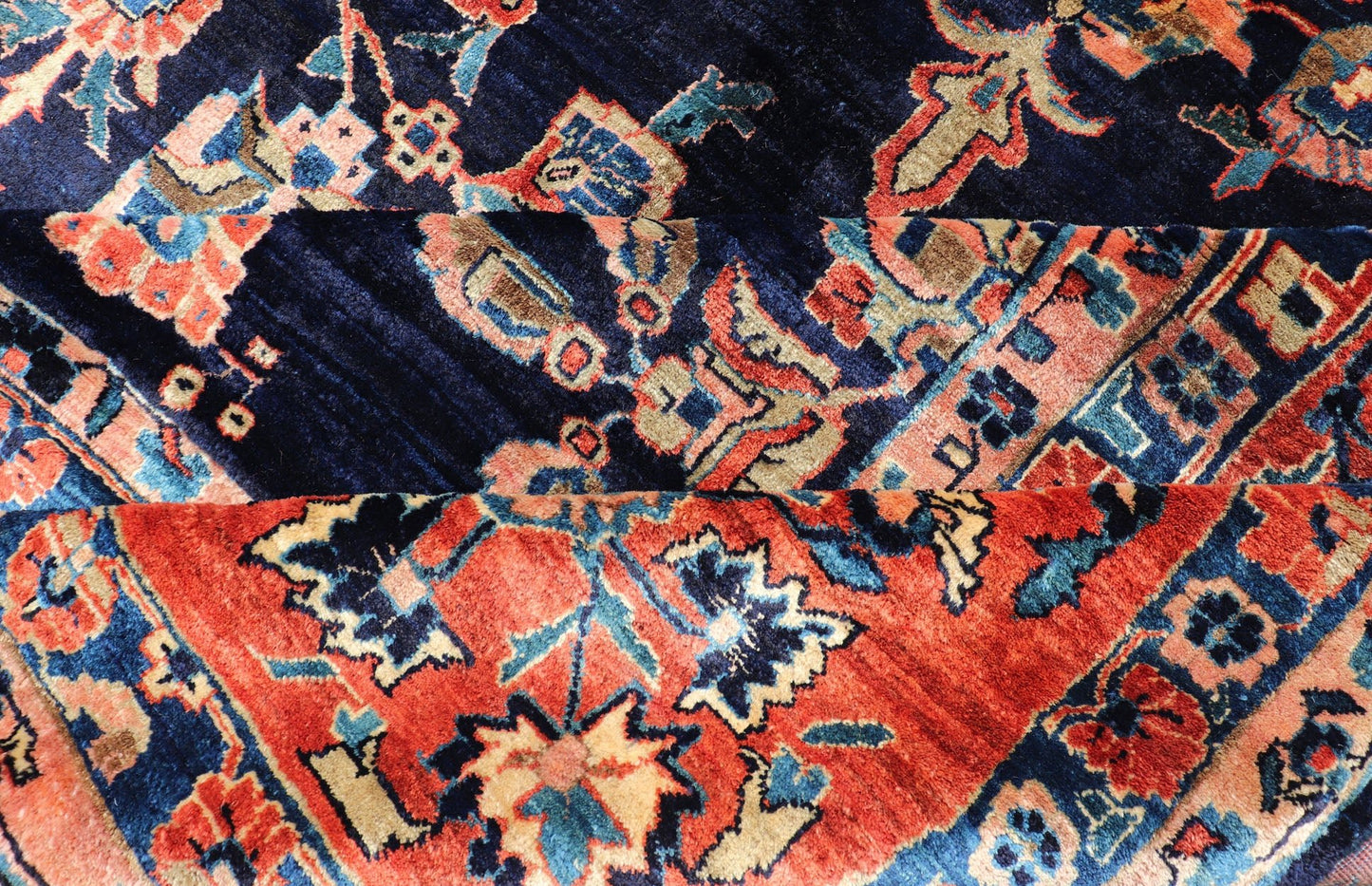 Antique Sarouk Farahan Rug with All - Over Floral Pattern in Navy and Orange - Red Border. Antique Sarouk Farahan rug with all over floral design. Keivan Woven Arts / rug R20 - 0835, country of origin / type: Iran / Sarouk Farahan, circa 1910's, Measures... - Keivan Woven ArtsR20 - 0835 - 13380Rug