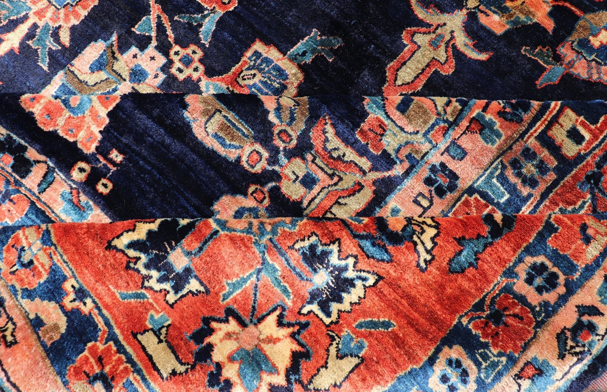 Antique Sarouk Farahan Rug with All - Over Floral Pattern in Navy and Orange - Red Border. Antique Sarouk Farahan rug with all over floral design. Keivan Woven Arts / rug R20 - 0835, country of origin / type: Iran / Sarouk Farahan, circa 1910's, Measures... - Keivan Woven ArtsR20 - 0835 - 13380Rug