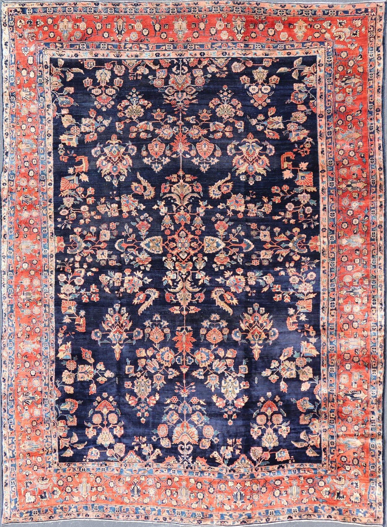 Antique Sarouk Farahan Rug with All - Over Floral Pattern in Navy and Orange - Red Border. Antique Sarouk Farahan rug with all over floral design. Keivan Woven Arts / rug R20 - 0835, country of origin / type: Iran / Sarouk Farahan, circa 1910's, Measures... - Keivan Woven ArtsR20 - 0835 - 13380Rug