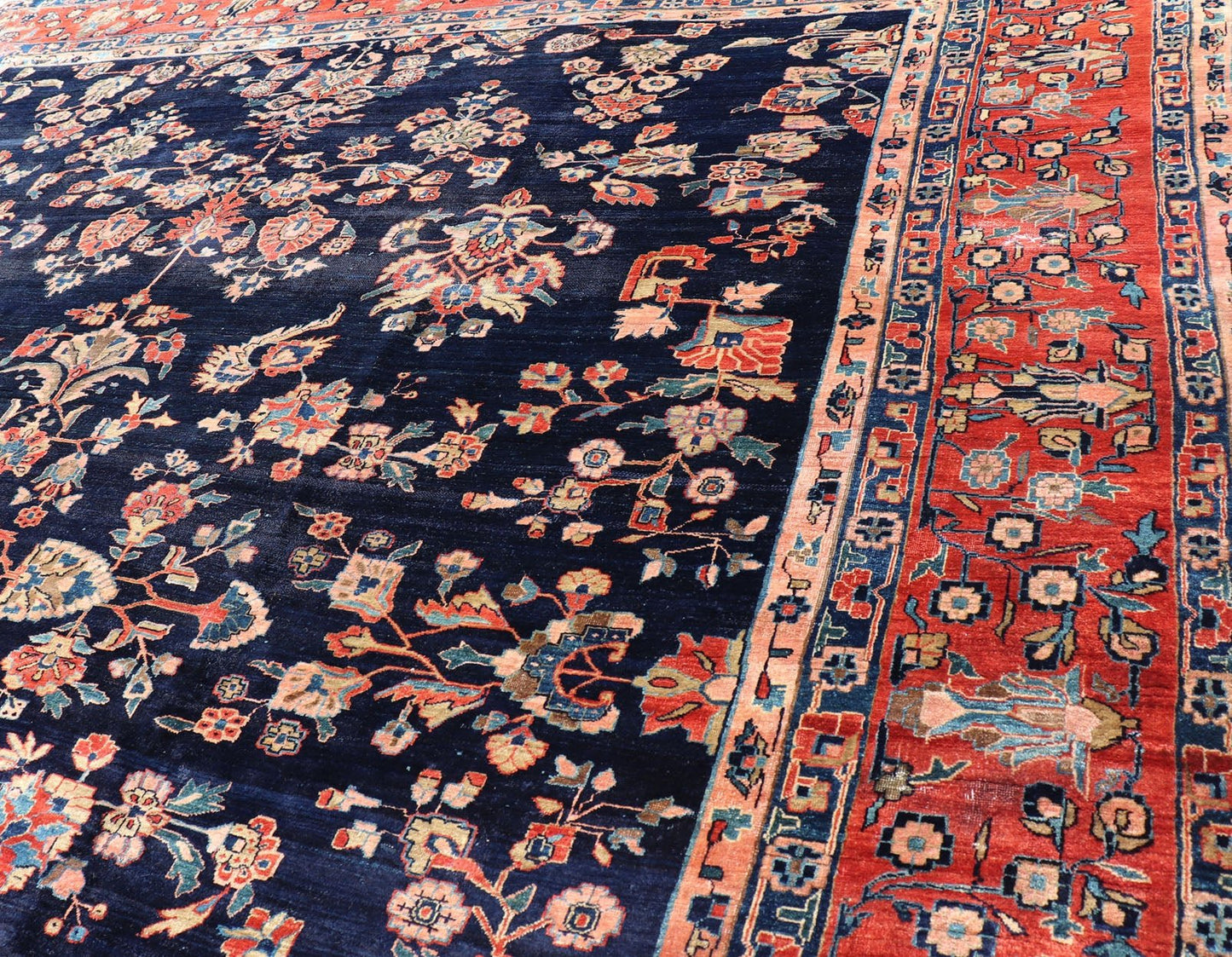 Antique Sarouk Farahan Rug with All - Over Floral Pattern in Navy and Orange - Red Border. Antique Sarouk Farahan rug with all over floral design. Keivan Woven Arts / rug R20 - 0835, country of origin / type: Iran / Sarouk Farahan, circa 1910's, Measures... - Keivan Woven ArtsR20 - 0835 - 13380Rug