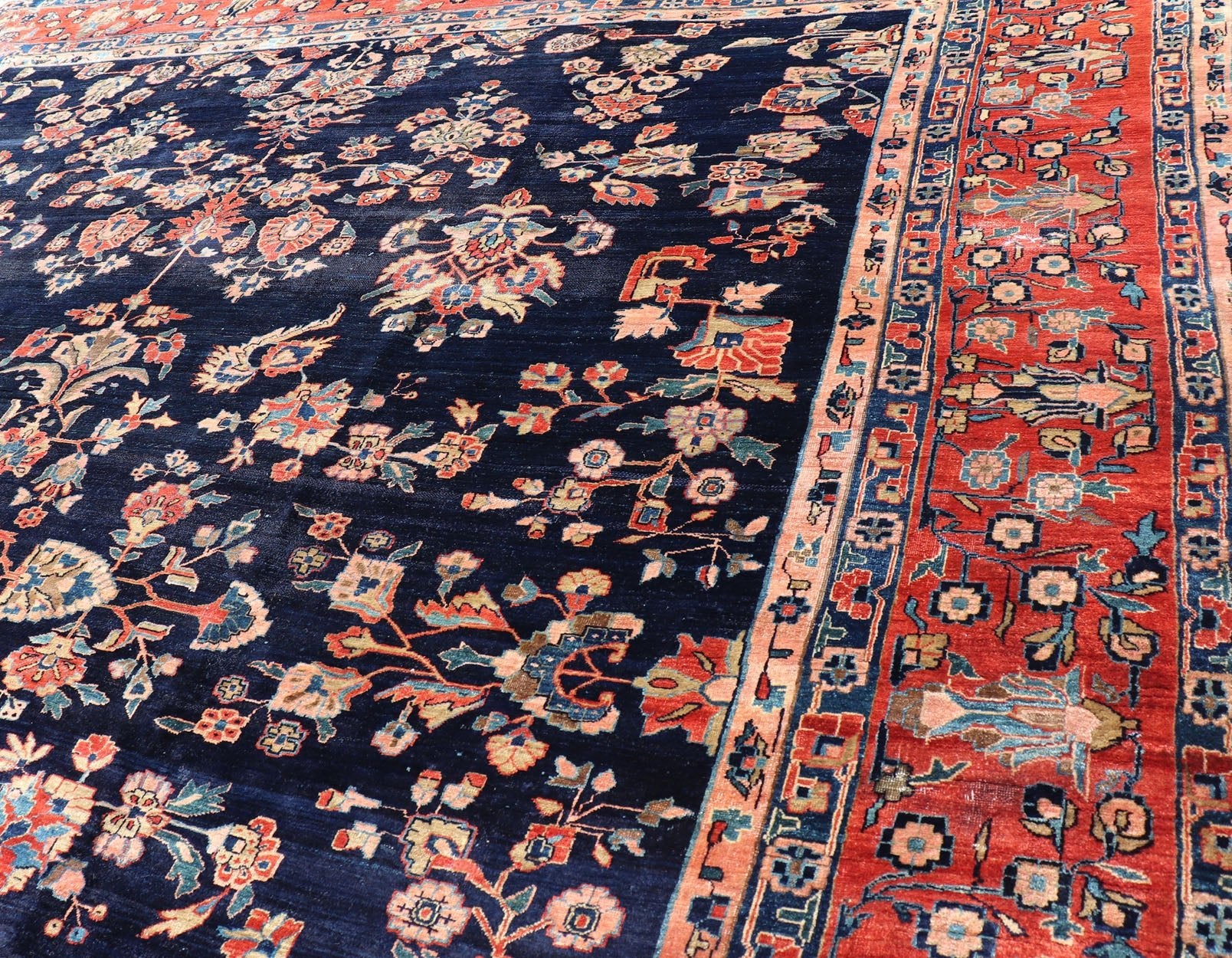 Antique Sarouk Farahan Rug with All - Over Floral Pattern in Navy and Orange - Red Border. Antique Sarouk Farahan rug with all over floral design. Keivan Woven Arts / rug R20 - 0835, country of origin / type: Iran / Sarouk Farahan, circa 1910's, Measures... - Keivan Woven ArtsR20 - 0835 - 13380Rug