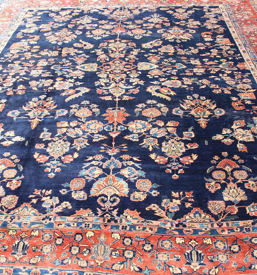 Antique Sarouk Farahan Rug with All - Over Floral Pattern in Navy and Orange - Red Border. Antique Sarouk Farahan rug with all over floral design. Keivan Woven Arts / rug R20 - 0835, country of origin / type: Iran / Sarouk Farahan, circa 1910's, Measures... - Keivan Woven ArtsR20 - 0835 - 13380Rug