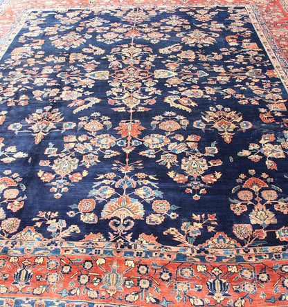 Antique Sarouk Farahan Rug with All - Over Floral Pattern in Navy and Orange - Red Border. Antique Sarouk Farahan rug with all over floral design. Keivan Woven Arts / rug R20 - 0835, country of origin / type: Iran / Sarouk Farahan, circa 1910's, Measures... - Keivan Woven ArtsR20 - 0835 - 13380Rug
