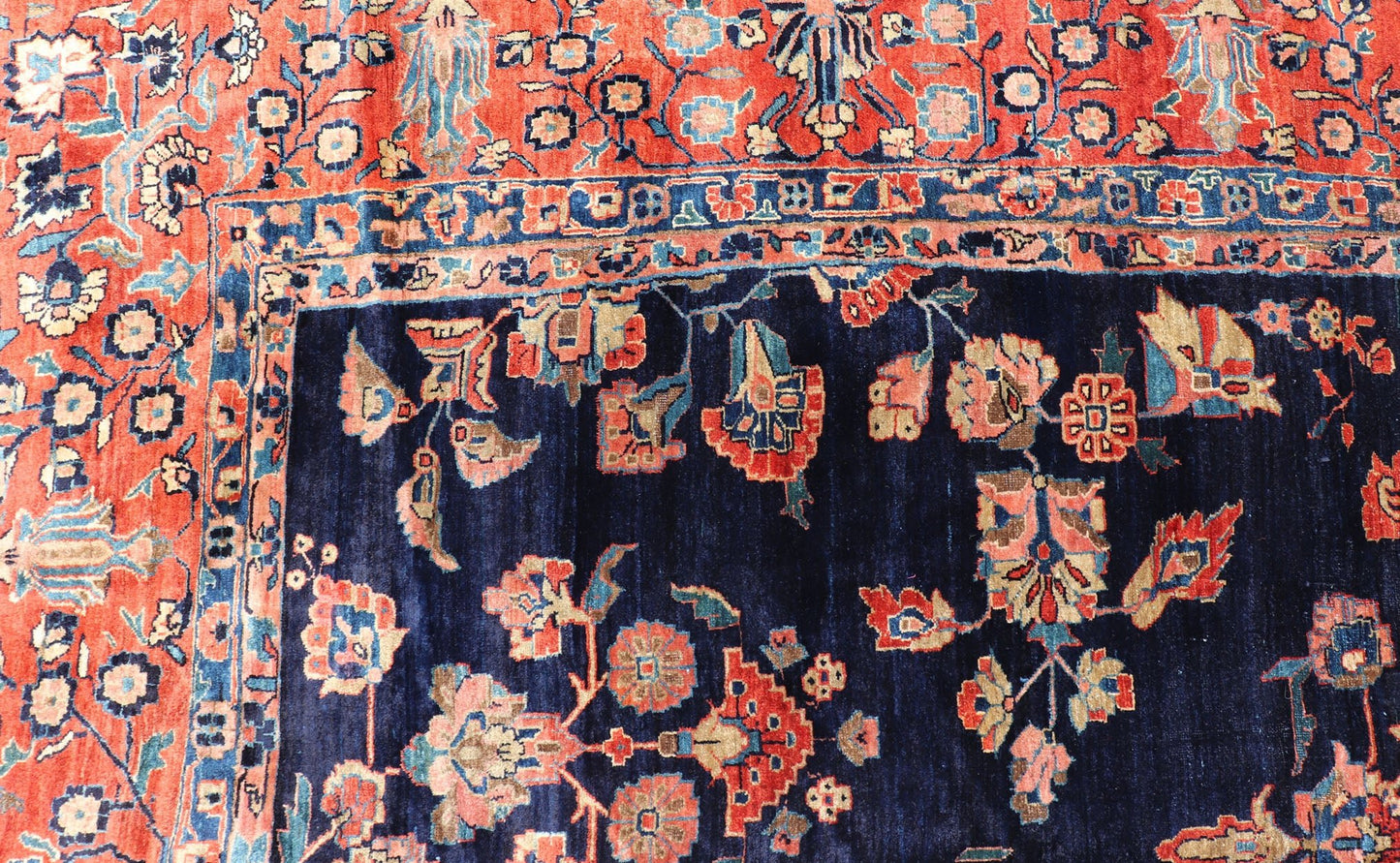 Antique Sarouk Farahan Rug with All - Over Floral Pattern in Navy and Orange - Red Border. Antique Sarouk Farahan rug with all over floral design. Keivan Woven Arts / rug R20 - 0835, country of origin / type: Iran / Sarouk Farahan, circa 1910's, Measures... - Keivan Woven ArtsR20 - 0835 - 13380Rug