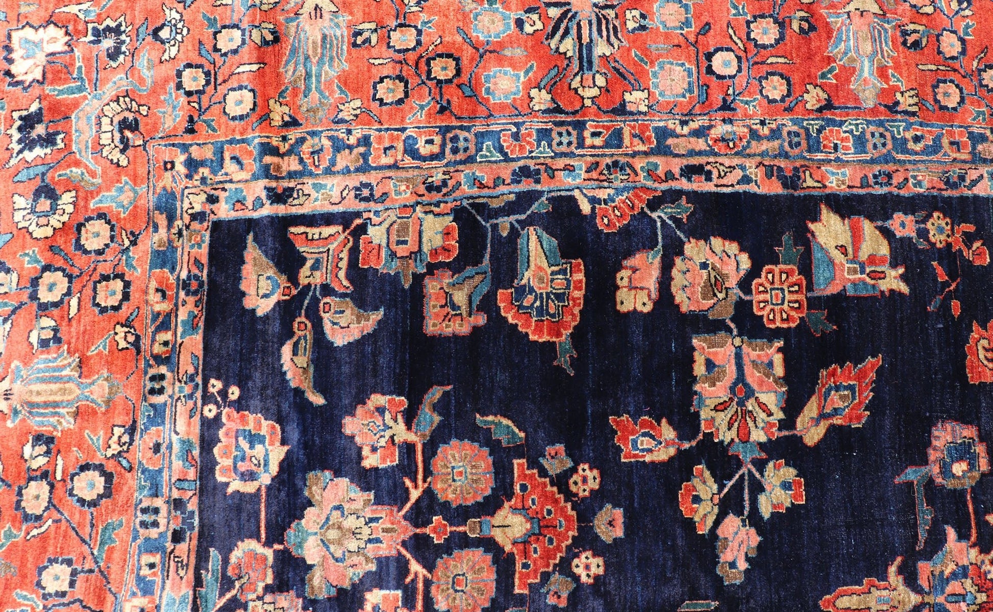 Antique Sarouk Farahan Rug with All - Over Floral Pattern in Navy and Orange - Red Border. Antique Sarouk Farahan rug with all over floral design. Keivan Woven Arts / rug R20 - 0835, country of origin / type: Iran / Sarouk Farahan, circa 1910's, Measures... - Keivan Woven ArtsR20 - 0835 - 13380Rug