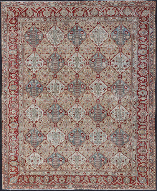 Antique Persian All - Over Diamond Design Bakhtiari Rug in Multi Colors With Red. Keivan Woven Arts / rug R20 - 0836, country of origin / type: Iran / Bakhtiari, circa 1920 Measures: 12'11 x 15'6 Persian Bakhtiari rugs are in fact tribal pieces that... - Keivan Woven ArtsR20 - 0836 - 13386