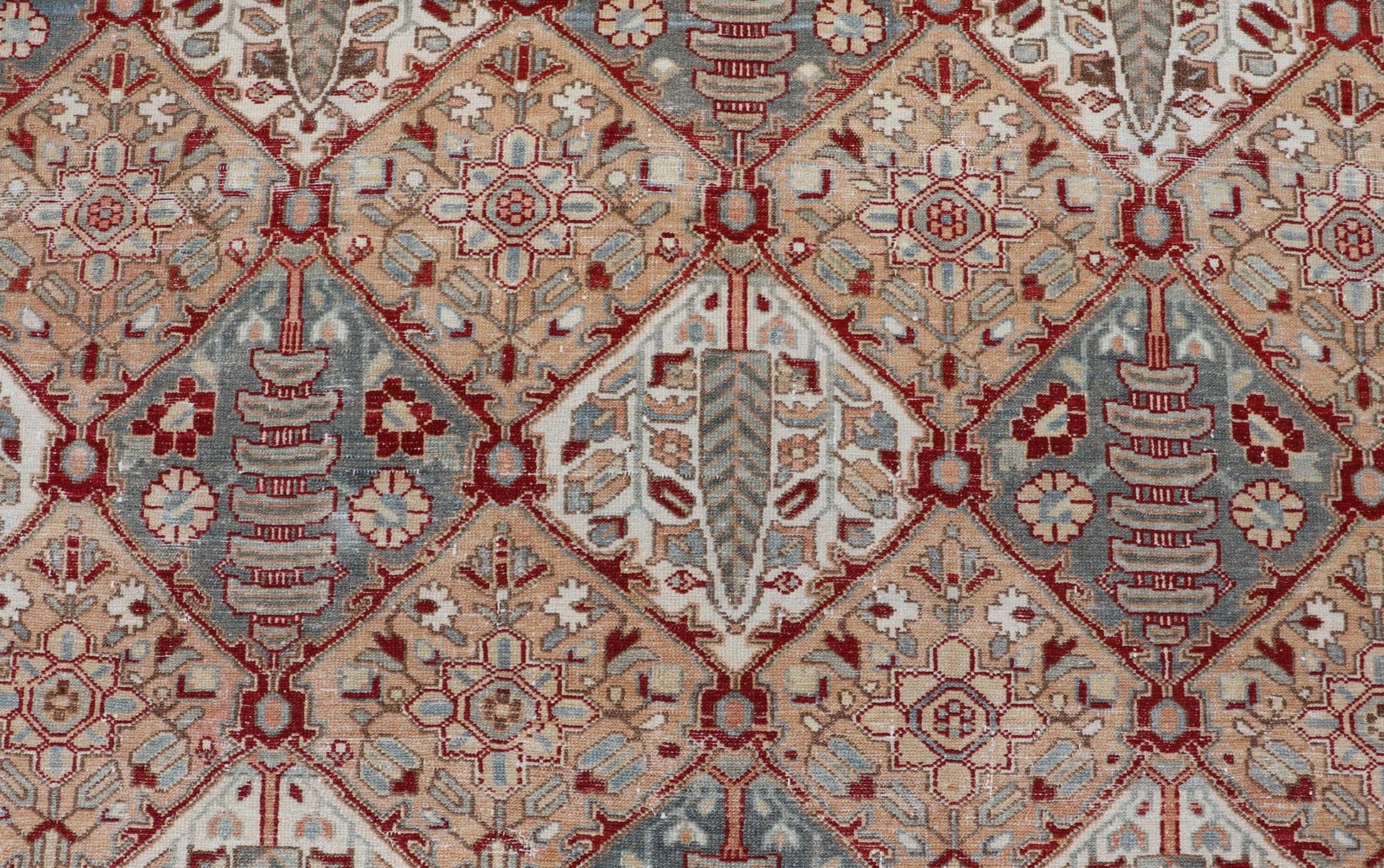 Antique Persian All - Over Diamond Design Bakhtiari Rug in Multi Colors With Red. Keivan Woven Arts / rug R20 - 0836, country of origin / type: Iran / Bakhtiari, circa 1920 Measures: 12'11 x 15'6 Persian Bakhtiari rugs are in fact tribal pieces that... - Keivan Woven ArtsR20 - 0836 - 13386Rug