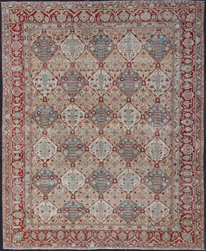Antique Persian All - Over Diamond Design Bakhtiari Rug in Multi Colors With Red. Keivan Woven Arts / rug R20 - 0836, country of origin / type: Iran / Bakhtiari, circa 1920 Measures: 12'11 x 15'6 Persian Bakhtiari rugs are in fact tribal pieces that... - Keivan Woven ArtsR20 - 0836 - 13386Rug