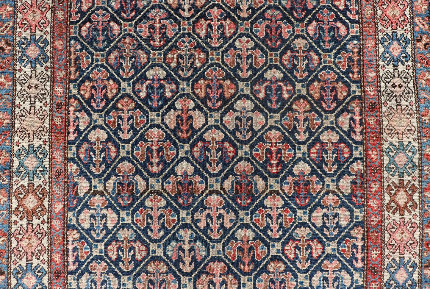 Tribal Persian Hamedan Rug in Blue, Red, Brown, and Ivory Tribal Persian Hamedan rug in midnight blue, red, cream. Keivan Woven Arts / rug R20 - 0838, country of origin / type: Iran / Hamedan, circa 1920 This Persian Hamedan features a uniq... - Keivan Woven ArtsR20 - 0838 - 13336Rug