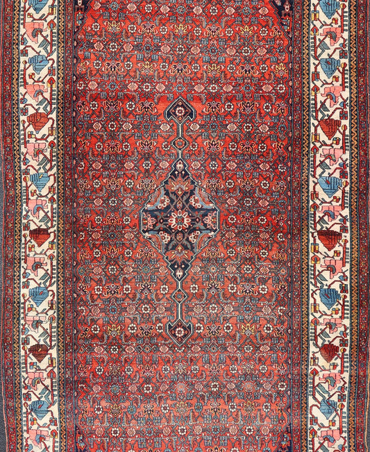 Finely Woven Large Antique Persian Gallery Rug in Rich Blue, Brick Red Finely woven sub geometric pattern Bibikabad antique Persianlarge gallery runner rug in rich blue, brick red and multi colors, rug R20 - 0902, country of origin / type: Iran / ... - Keivan Woven ArtsR20 - 0902 - 14014