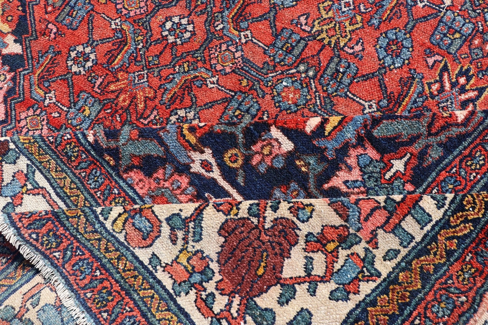 Finely Woven Large Antique Persian Gallery Rug in Rich Blue, Brick Red Finely woven sub geometric pattern Bibikabad antique Persianlarge gallery runner rug in rich blue, brick red and multi colors, rug R20 - 0902, country of origin / type: Iran / ... - Keivan Woven ArtsR20 - 0902 - 14014Rug