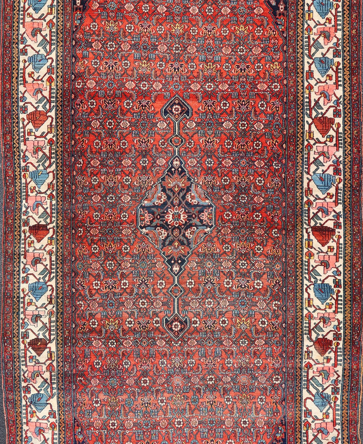 Finely Woven Large Antique Persian Gallery Rug in Rich Blue, Brick Red Finely woven sub geometric pattern Bibikabad antique Persianlarge gallery runner rug in rich blue, brick red and multi colors, rug R20 - 0902, country of origin / type: Iran / ... - Keivan Woven ArtsR20 - 0902 - 14014Rug