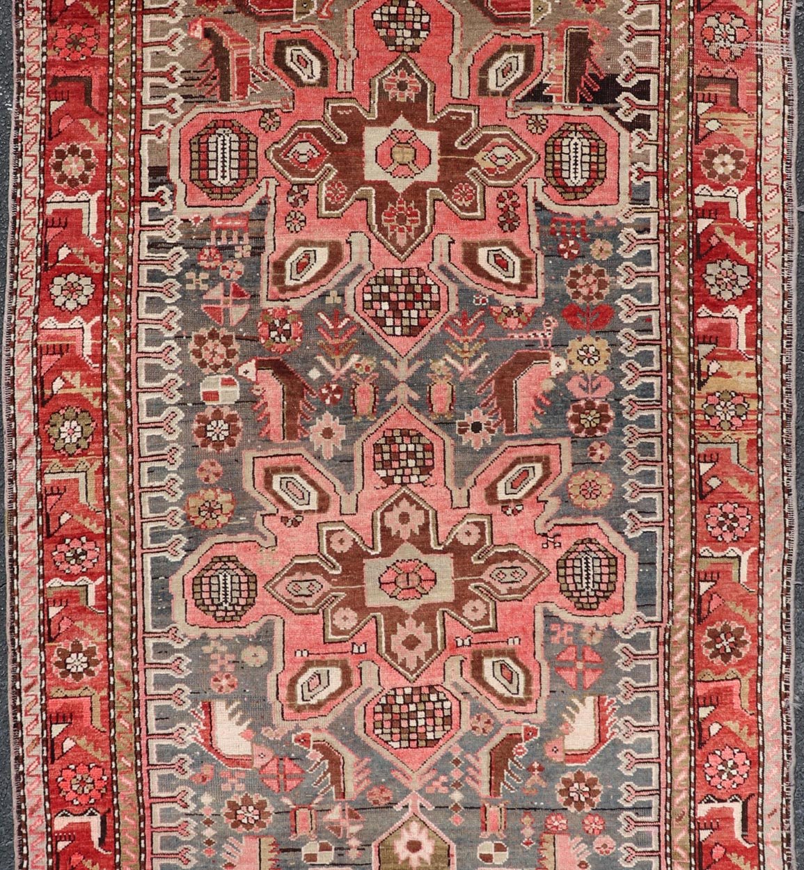 Antique Caucasian Karabagh Gallery Runner With Large Medallions Of Pink And Red. Keivan Woven Arts / rug R20 - 0907, country of origin / type: Caucus / Caucasian, circa 1930. Measures: 4'1 x 9'2 This antique Karabagh rug displays an intricate desi... - Keivan Woven ArtsR20 - 0907 - 14158