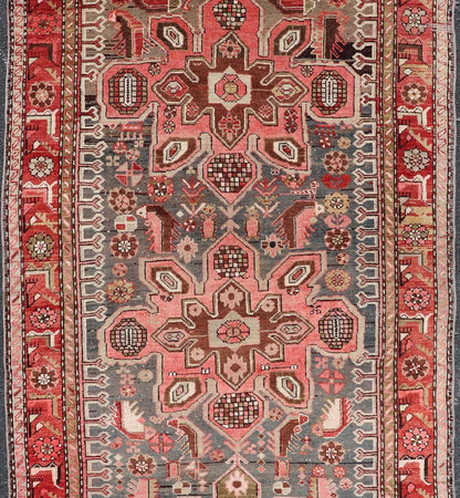 Antique Caucasian Karabagh Gallery Runner With Large Medallions Of Pink And Red. Keivan Woven Arts / rug R20 - 0907, country of origin / type: Caucus / Caucasian, circa 1930. Measures: 4'1 x 9'2 This antique Karabagh rug displays an intricate desi... - Keivan Woven ArtsR20 - 0907 - 14158