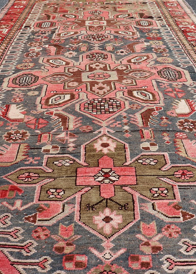 Antique Caucasian Karabagh Gallery Runner With Large Medallions Of Pink And Red. Keivan Woven Arts / rug R20 - 0907, country of origin / type: Caucus / Caucasian, circa 1930. Measures: 4'1 x 9'2 This antique Karabagh rug displays an intricate desi... - Keivan Woven ArtsR20 - 0907 - 14158