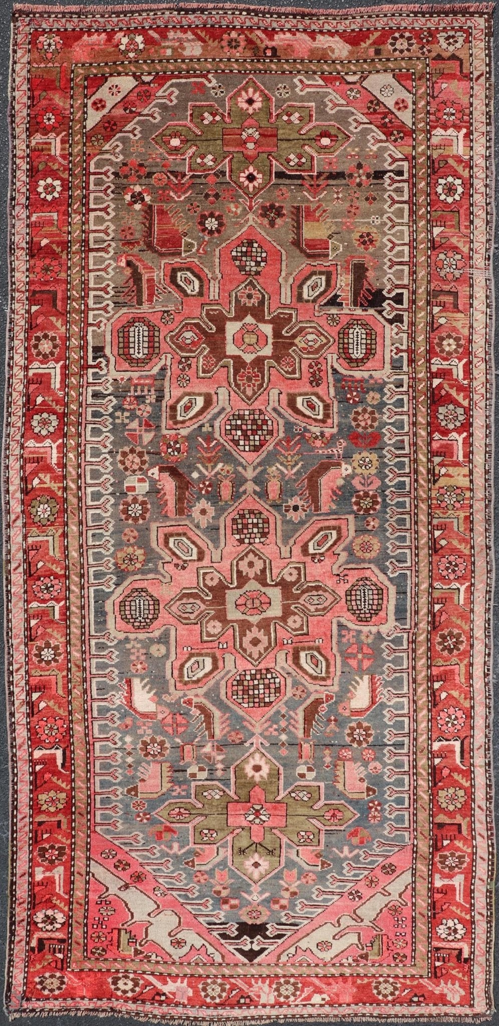 Antique Caucasian Karabagh Gallery Runner With Large Medallions Of Pink And Red. Keivan Woven Arts / rug R20 - 0907, country of origin / type: Caucus / Caucasian, circa 1930. Measures: 4'1 x 9'2 This antique Karabagh rug displays an intricate desi... - Keivan Woven ArtsR20 - 0907 - 14158