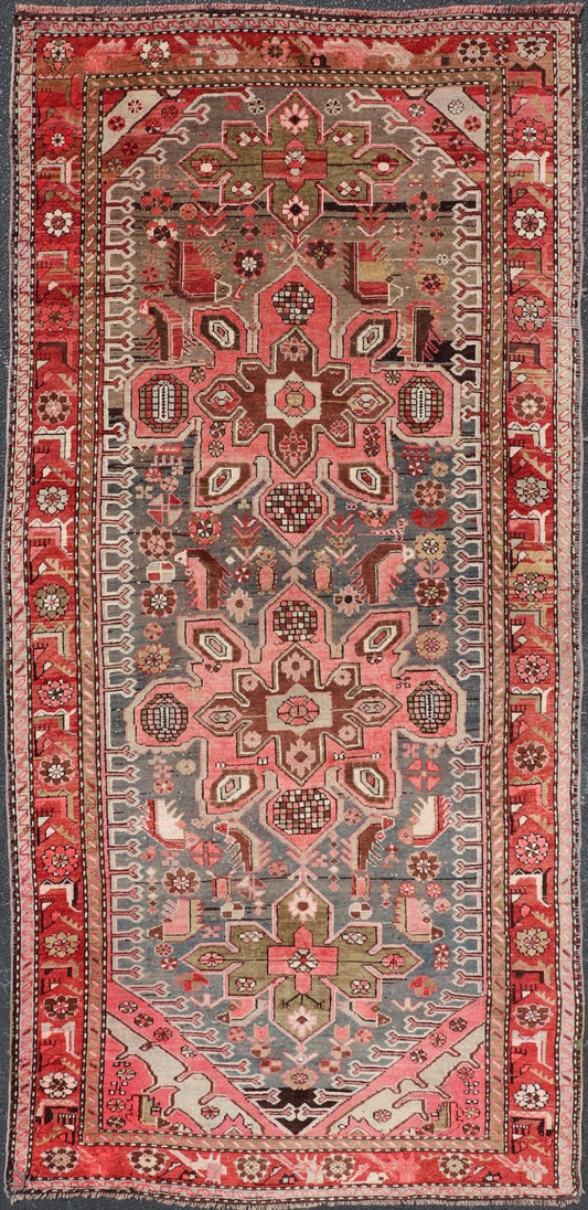 Antique Caucasian Karabagh Gallery Runner With Large Medallions Of Pink And Red. Keivan Woven Arts / rug R20 - 0907, country of origin / type: Caucus / Caucasian, circa 1930. Measures: 4'1 x 9'2 This antique Karabagh rug displays an intricate desi... - Keivan Woven ArtsR20 - 0907 - 14158