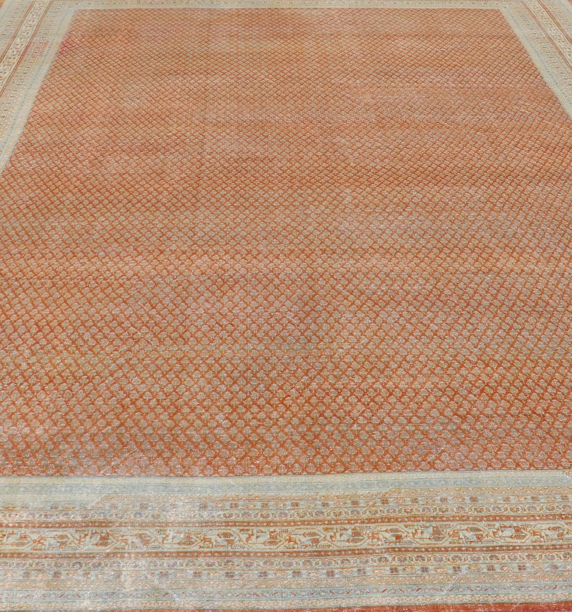 Antique Persian Tabriz Rug with All - Over Design in Copper - Orange and red Background Keivan Woven Arts / rug R20 - 1001, country of origin / type: Iran/ Tabriz , circa 1920. Measures: 11'4 x 16'9 This Tabriz rug features a relatively intricate ... - Keivan Woven ArtsR20 - 1001 - 14082