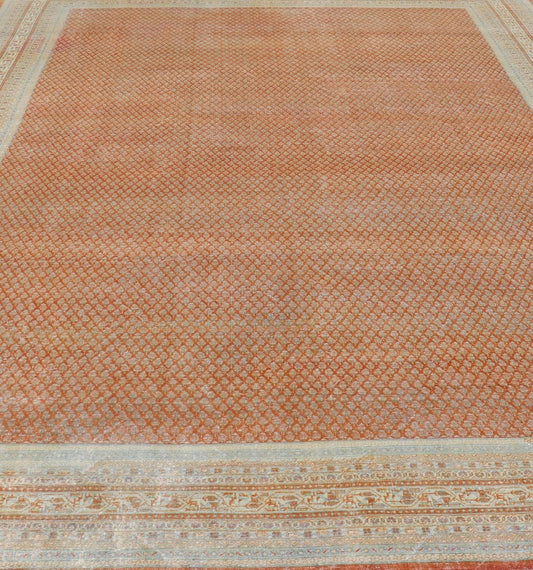 Antique Persian Tabriz Rug with All - Over Design in Copper - Orange and red Background Keivan Woven Arts / rug R20 - 1001, country of origin / type: Iran/ Tabriz , circa 1920. Measures: 11'4 x 16'9 This Tabriz rug features a relatively intricate ... - Keivan Woven ArtsR20 - 1001 - 14082