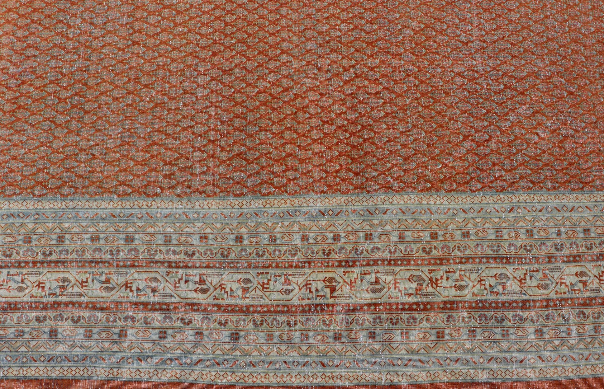 Antique Persian Tabriz Rug with All - Over Design in Copper - Orange and red Background Keivan Woven Arts / rug R20 - 1001, country of origin / type: Iran/ Tabriz , circa 1920. Measures: 11'4 x 16'9 This Tabriz rug features a relatively intricate ... - Keivan Woven ArtsR20 - 1001 - 14082