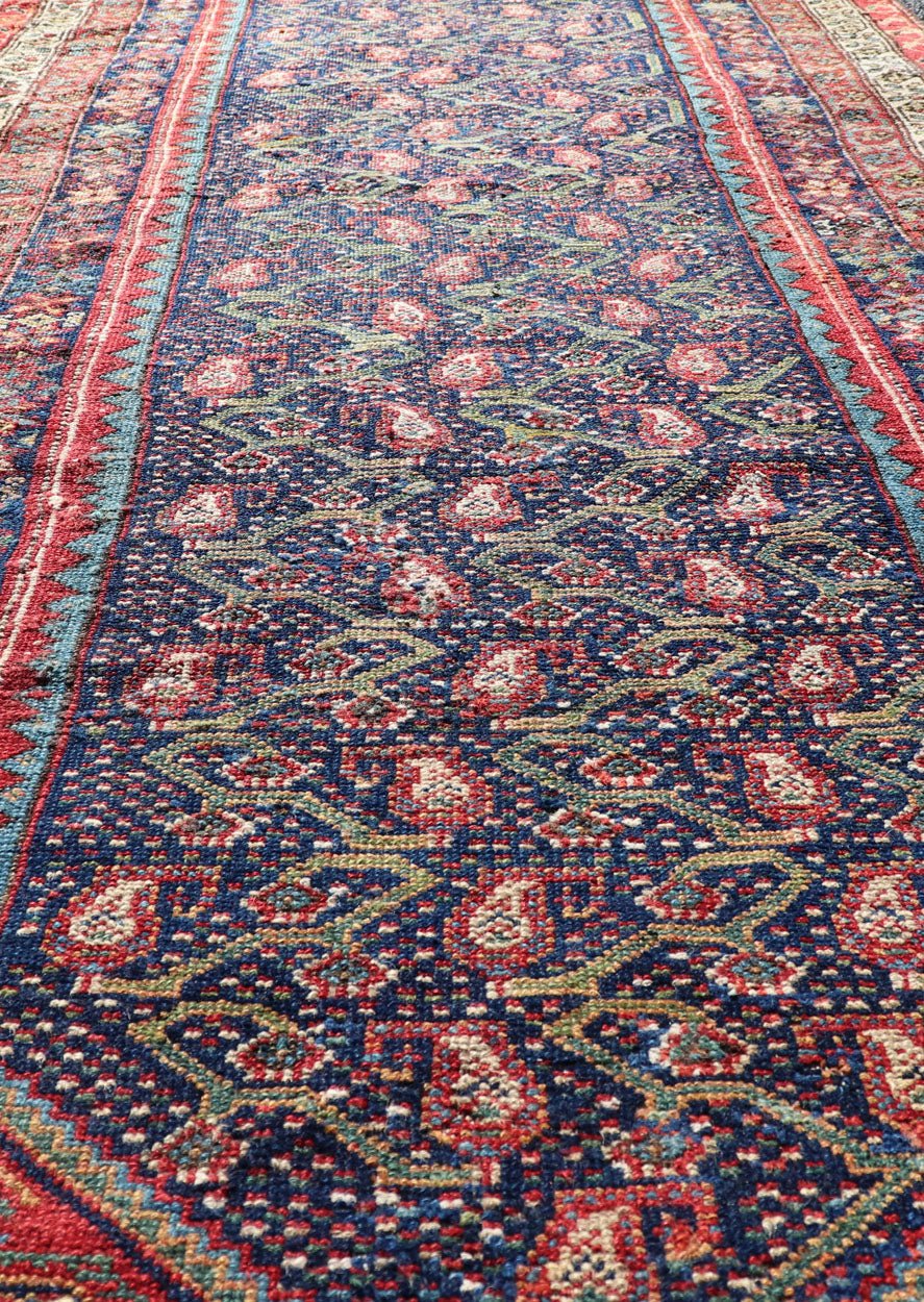 Antique Persian Malayer Runner with Sub - Geometric All - Over Design in Multicolors Variegated Border Malayer antique runner from Persia with geometric floral central field design, Keivan Woven Arts / rug R20 - 1004, country of origin / type: Iran / ... - Keivan Woven ArtsR20 - 1004 - 14094Rug