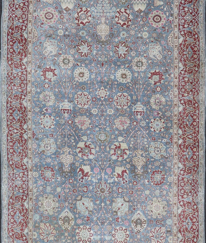 Very Large Antique Turkish Gallery Rug with All - Over Design in Light Blue. 8'8 x 24'5 Very Large gallery Floral Turkish carpet from Turkey, rug R20 - 1006, country of origin / type: Turkey / Oushak, circa 1930, Large Gallery Runner, Large Galley rug,... - Keivan Woven ArtsR20 - 1006 - 14106