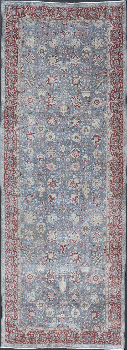 Very Large Antique Turkish Gallery Rug with All - Over Design in Light Blue. 8'8 x 24'5 Very Large gallery Floral Turkish carpet from Turkey, rug R20 - 1006, country of origin / type: Turkey / Oushak, circa 1930, Large Gallery Runner, Large Galley rug,... - Keivan Woven ArtsR20 - 1006 - 14106Rug