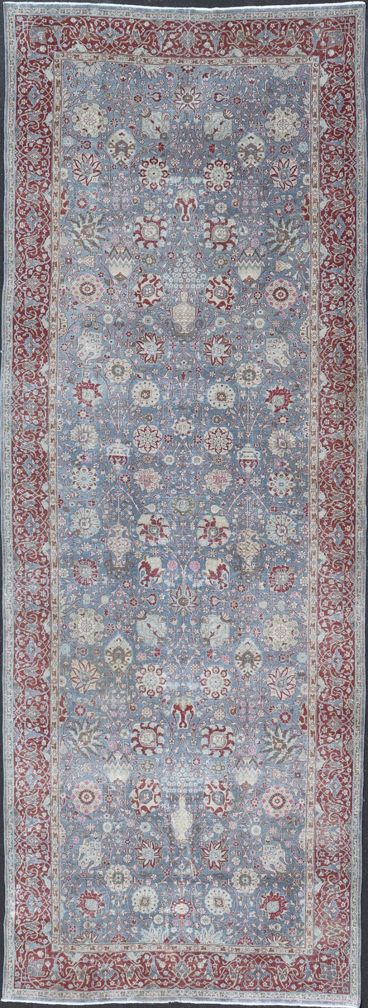 Very Large Antique Turkish Gallery Rug with All - Over Design in Light Blue. 8'8 x 24'5 Very Large gallery Floral Turkish carpet from Turkey, rug R20 - 1006, country of origin / type: Turkey / Oushak, circa 1930, Large Gallery Runner, Large Galley rug,... - Keivan Woven ArtsR20 - 1006 - 14106