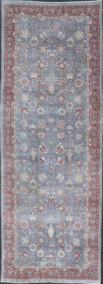 Very Large Antique Turkish Gallery Rug with All - Over Design in Light Blue. 8'8 x 24'5 Very Large gallery Floral Turkish carpet from Turkey, rug R20 - 1006, country of origin / type: Turkey / Oushak, circa 1930, Large Gallery Runner, Large Galley rug,... - Keivan Woven ArtsR20 - 1006 - 14106