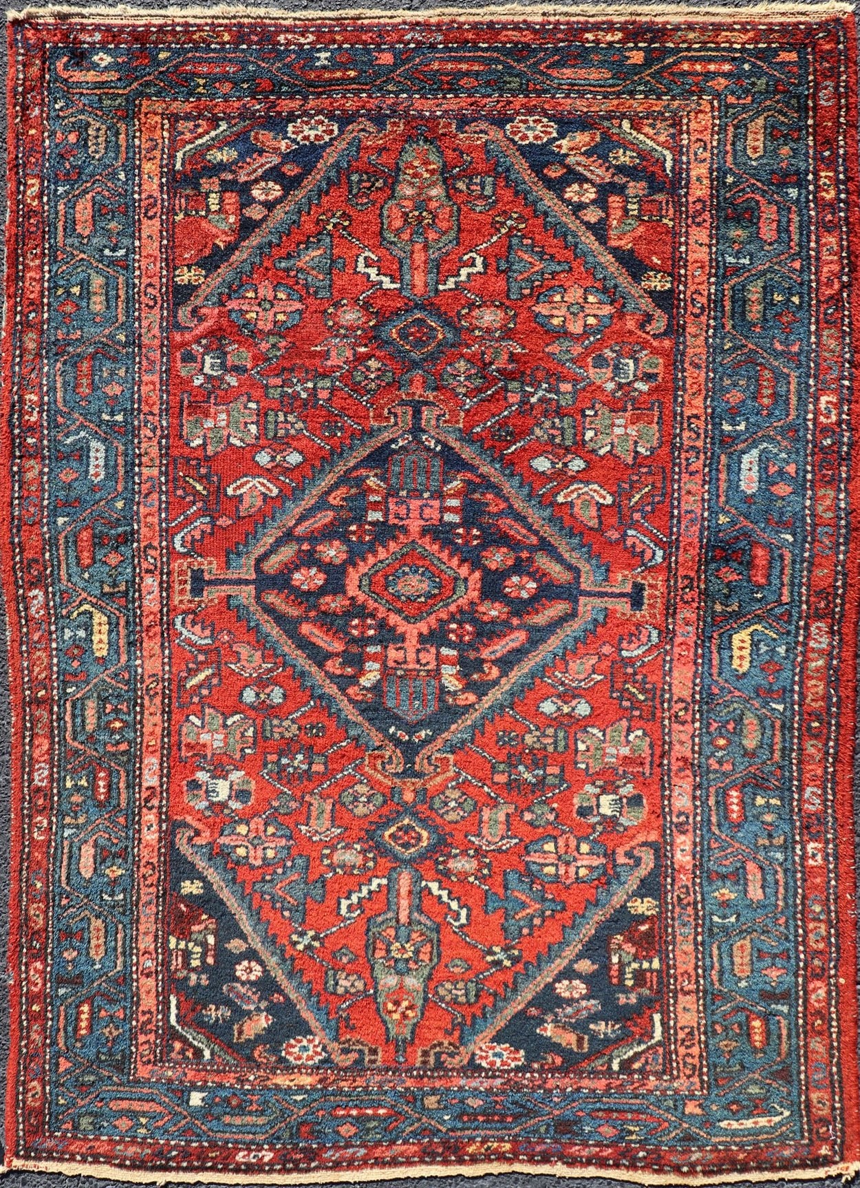 Antique Persian Hamadan Rug with Colorful Geometric Medallion Design Antique Persian Hamadan rug in rich colors with geometric design, Keivan Woven Arts / rug R20 - 1009, country of origin / type: Iran / Hamadan, circa 1920. This antique Pe... - Keivan Woven ArtsR20 - 1009 - 14118Rug