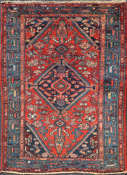 Antique Persian Hamadan Rug with Colorful Geometric Medallion Design Antique Persian Hamadan rug in rich colors with geometric design, Keivan Woven Arts / rug R20 - 1009, country of origin / type: Iran / Hamadan, circa 1920. This antique Pe... - Keivan Woven ArtsR20 - 1009 - 14118Rug