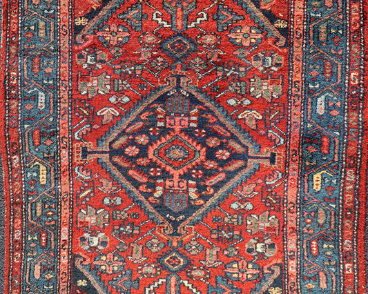 Antique Persian Hamadan Rug with Colorful Geometric Medallion Design Antique Persian Hamadan rug in rich colors with geometric design, Keivan Woven Arts / rug R20 - 1009, country of origin / type: Iran / Hamadan, circa 1920. This antique Pe... - Keivan Woven ArtsR20 - 1009 - 14118Rug