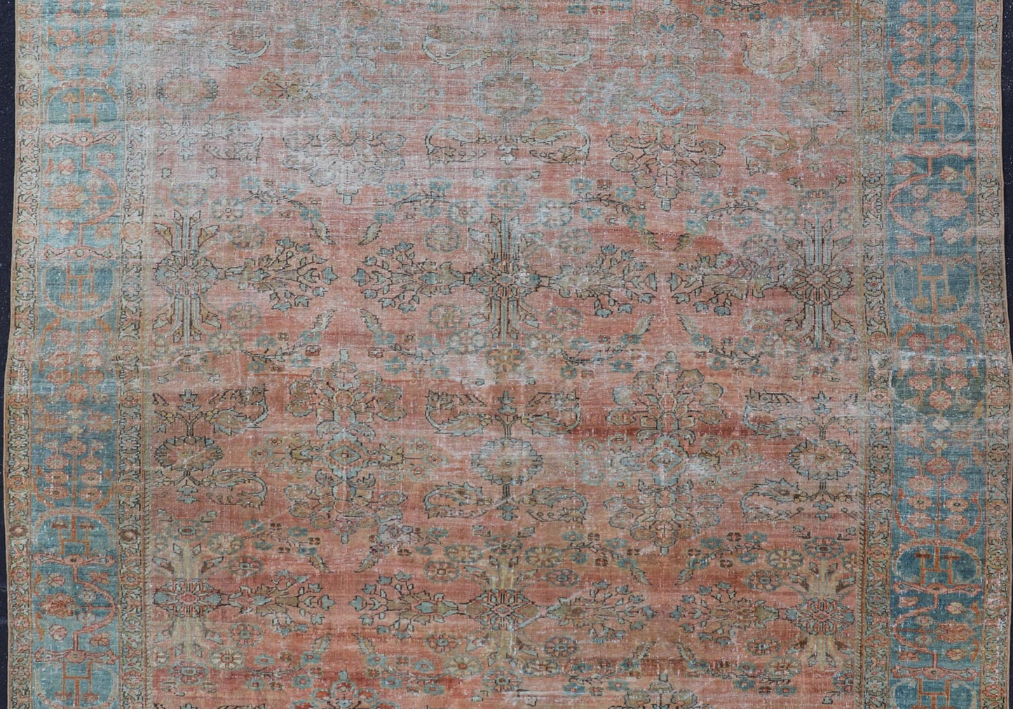 Antique Persian Muted Colored Sultanabad Mahal Rug with All Over Floral Design. Antique Mahal Sultanabad. Keivan Woven Arts; rug R20 - 1014, country of origin / type: Iran / Mahal, circa 1910. Measures: 9'2 x 11'11 This Antique Persian Sultanabad M... - Keivan Woven ArtsR20 - 1014 - 14132Rug
