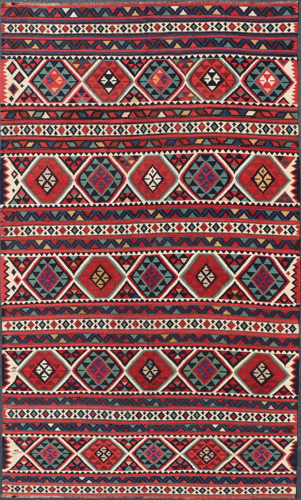 19th Century Antique Shirvan Kilim with Intricate Design in with Vibrant Colors. 19th Century Antique Shirvan Kilim with Intricate Design in with Vibrant Colors. Antique Shirvan Kilim Rug in with amazing intricacy and vibrant colors. Keivan Wov... - Keivan Woven ArtsR20 - 1103 - 14054