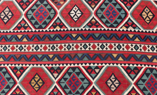 19th Century Antique Shirvan Kilim with Intricate Design in with Vibrant Colors. 19th Century Antique Shirvan Kilim with Intricate Design in with Vibrant Colors. Antique Shirvan Kilim Rug in with amazing intricacy and vibrant colors. Keivan Wov... - Keivan Woven ArtsR20 - 1103 - 14054