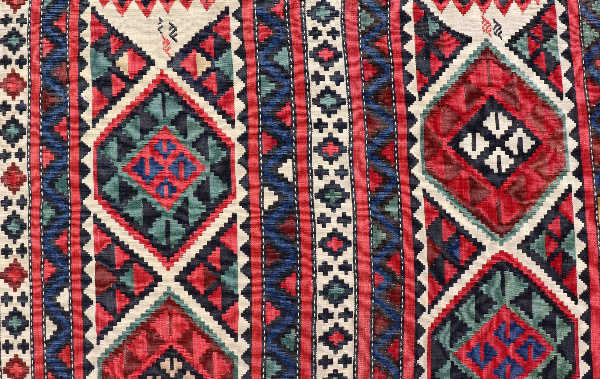 19th Century Antique Shirvan Kilim with Intricate Design in with Vibrant Colors. 19th Century Antique Shirvan Kilim with Intricate Design in with Vibrant Colors. Antique Shirvan Kilim Rug in with amazing intricacy and vibrant colors. Keivan Wov... - Keivan Woven ArtsR20 - 1103 - 14054