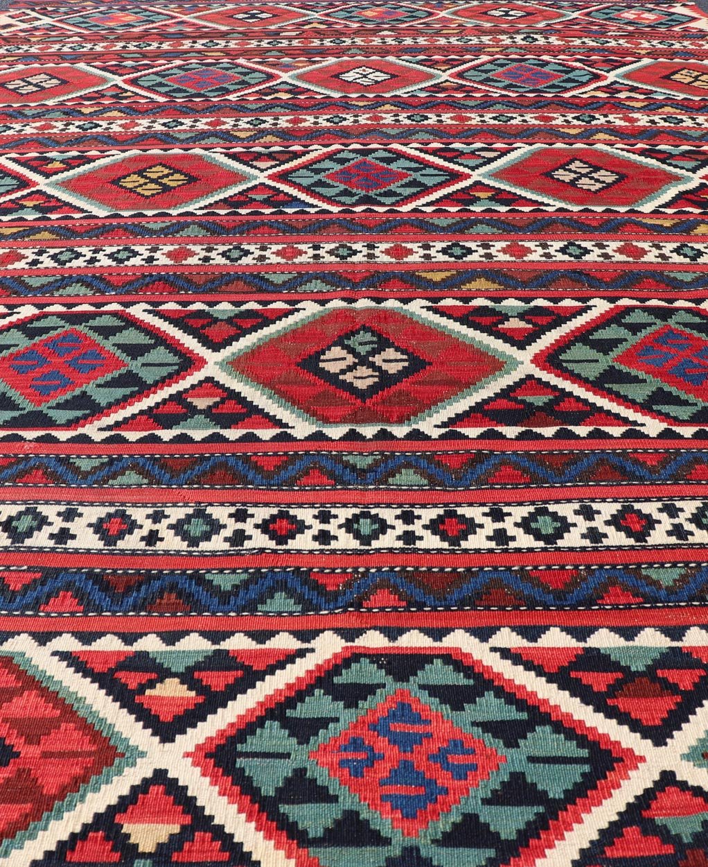 19th Century Antique Shirvan Kilim with Intricate Design in with Vibrant Colors. 19th Century Antique Shirvan Kilim with Intricate Design in with Vibrant Colors. Antique Shirvan Kilim Rug in with amazing intricacy and vibrant colors. Keivan Wov... - Keivan Woven ArtsR20 - 1103 - 14054