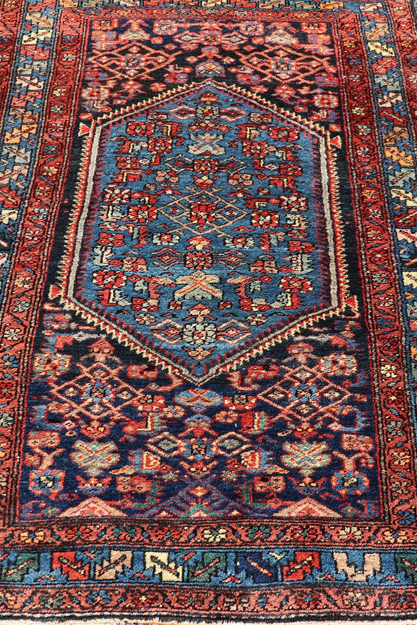Antique Persian Bidjar Carpet with Variety of Blue Colors, Red, and Salmon Antique Bidjar Persian carpet with center medallion with variety of blue colors, red, and salmon. Keivan Woven Arts / rug/R20 - 1104 origin/Iran antique Bijar Persia... - Keivan Woven ArtsR20 - 1104 - 14060