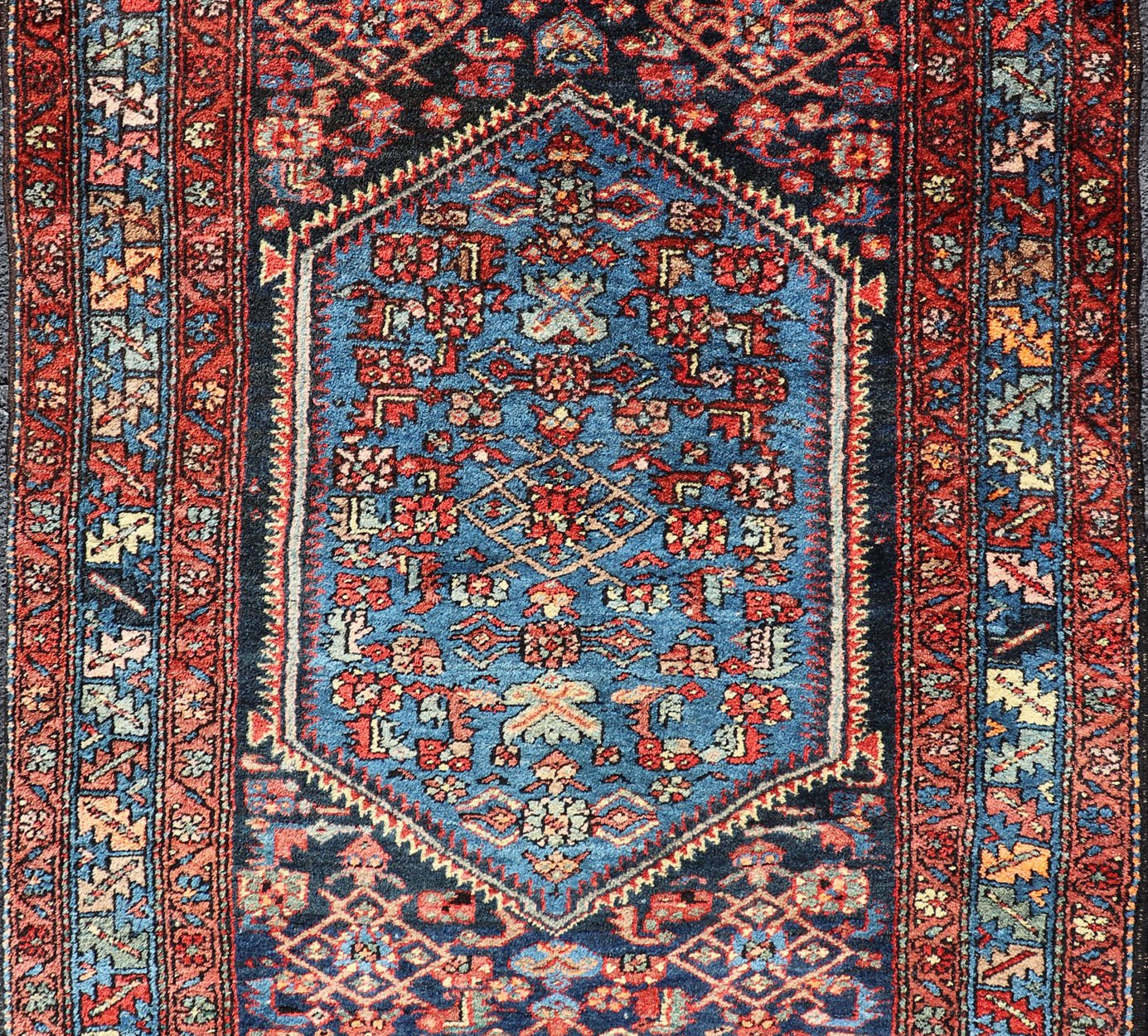 Antique Persian Bidjar Carpet with Variety of Blue Colors, Red, and Salmon Antique Bidjar Persian carpet with center medallion with variety of blue colors, red, and salmon. Keivan Woven Arts / rug/R20 - 1104 origin/Iran antique Bijar Persia... - Keivan Woven ArtsR20 - 1104 - 14060
