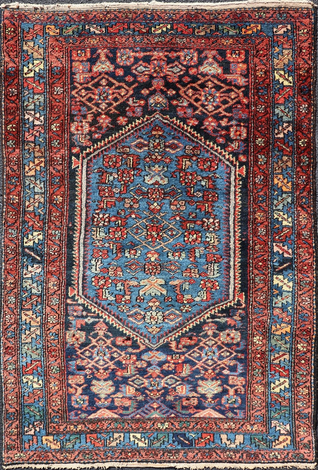 Antique Persian Bidjar Carpet with Variety of Blue Colors, Red, and Salmon Antique Bidjar Persian carpet with center medallion with variety of blue colors, red, and salmon. Keivan Woven Arts / rug/R20 - 1104 origin/Iran antique Bijar Persia... - Keivan Woven ArtsR20 - 1104 - 14060