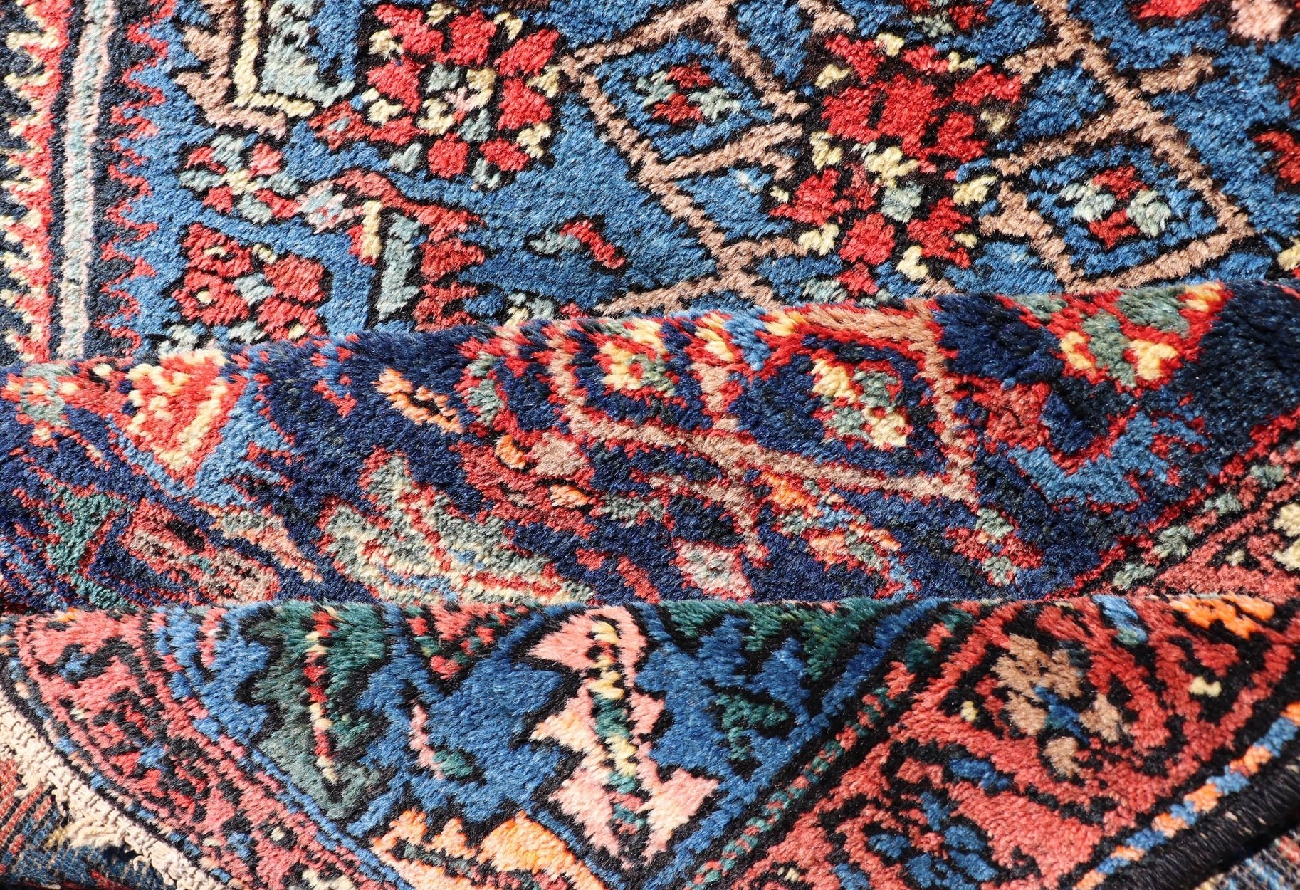 Antique Persian Bidjar Carpet with Variety of Blue Colors, Red, and Salmon Antique Bidjar Persian carpet with center medallion with variety of blue colors, red, and salmon. Keivan Woven Arts / rug/R20 - 1104 origin/Iran antique Bijar Persia... - Keivan Woven ArtsR20 - 1104 - 14060
