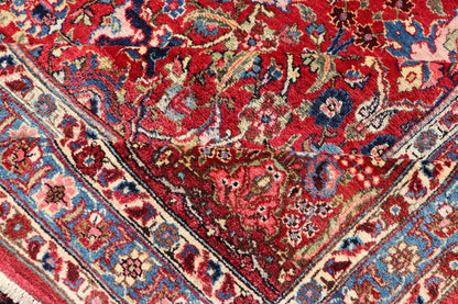 Keivan Woven Arts - Large Antique Persian Fine Weave Tabriz in Red Background & Light Blue Guard Borders. Finely woven antique Tabriz rug with all - over design field in Red Background & Light Blue Guard Borders and variety of colors in the entire ru... - Keivan Woven ArtsR20 - 1105 - 14162Rug