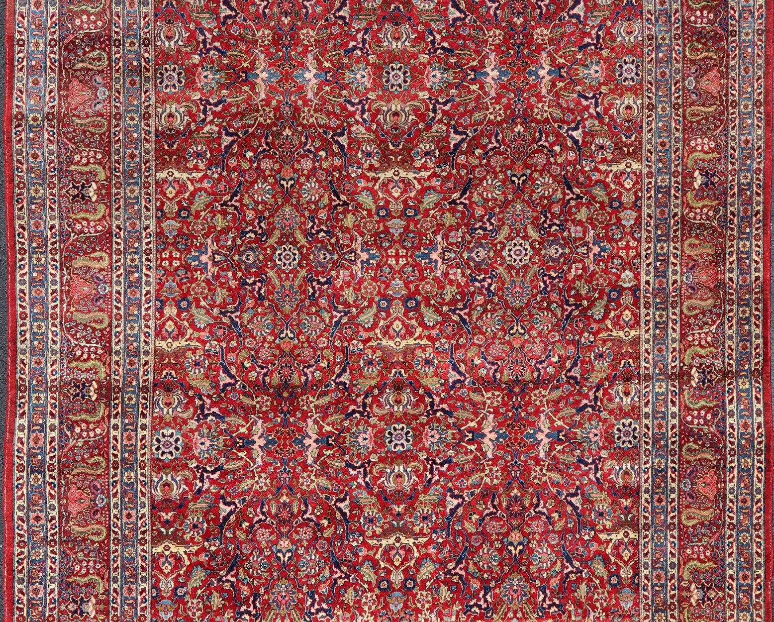 Keivan Woven Arts - Large Antique Persian Fine Weave Tabriz in Red Background & Light Blue Guard Borders. Finely woven antique Tabriz rug with all - over design field in Red Background & Light Blue Guard Borders and variety of colors in the entire ru... - Keivan Woven ArtsR20 - 1105 - 14162Rug