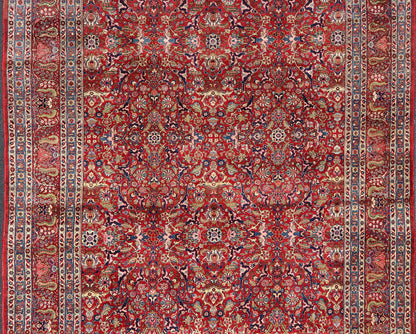 Keivan Woven Arts - Large Antique Persian Fine Weave Tabriz in Red Background & Light Blue Guard Borders. Finely woven antique Tabriz rug with all - over design field in Red Background & Light Blue Guard Borders and variety of colors in the entire ru... - Keivan Woven ArtsR20 - 1105 - 14162Rug