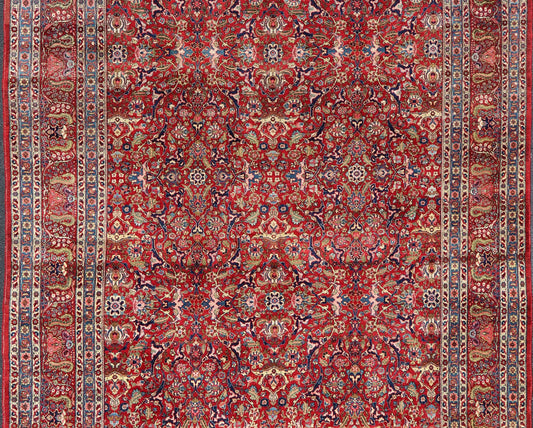 Keivan Woven Arts - Large Antique Persian Fine Weave Tabriz in Red Background & Light Blue Guard Borders. Finely woven antique Tabriz rug with all - over design field in Red Background & Light Blue Guard Borders and variety of colors in the entire ru... - Keivan Woven ArtsR20 - 1105 - 14162Rug