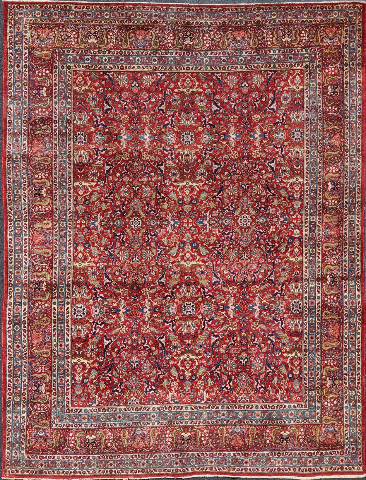 Keivan Woven Arts - Large Antique Persian Fine Weave Tabriz in Red Background & Light Blue Guard Borders. Finely woven antique Tabriz rug with all - over design field in Red Background & Light Blue Guard Borders and variety of colors in the entire ru... - Keivan Woven ArtsR20 - 1105 - 14162Rug