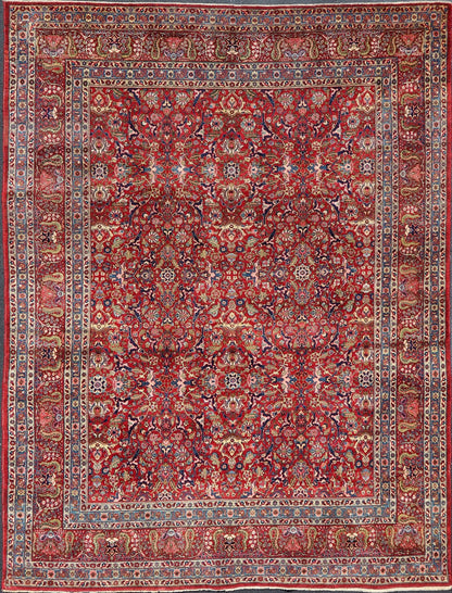 Keivan Woven Arts - Large Antique Persian Fine Weave Tabriz in Red Background & Light Blue Guard Borders. Finely woven antique Tabriz rug with all - over design field in Red Background & Light Blue Guard Borders and variety of colors in the entire ru... - Keivan Woven ArtsR20 - 1105 - 14162Rug