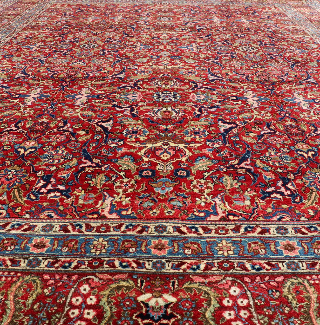 Keivan Woven Arts - Large Antique Persian Fine Weave Tabriz in Red Background & Light Blue Guard Borders. Finely woven antique Tabriz rug with all - over design field in Red Background & Light Blue Guard Borders and variety of colors in the entire ru... - Keivan Woven ArtsR20 - 1105 - 14162Rug