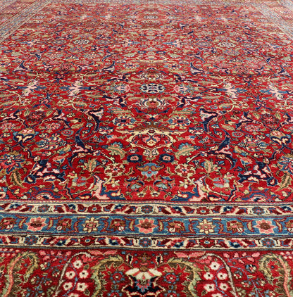 Keivan Woven Arts - Large Antique Persian Fine Weave Tabriz in Red Background & Light Blue Guard Borders. Finely woven antique Tabriz rug with all - over design field in Red Background & Light Blue Guard Borders and variety of colors in the entire ru... - Keivan Woven ArtsR20 - 1105 - 14162Rug